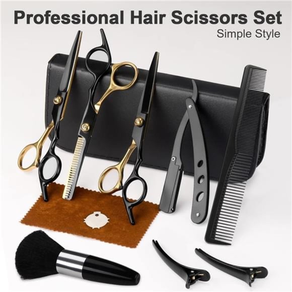 Hair Scissors,11Pcs Professional Black Gold Hair Cutting Scissors Shears Sets